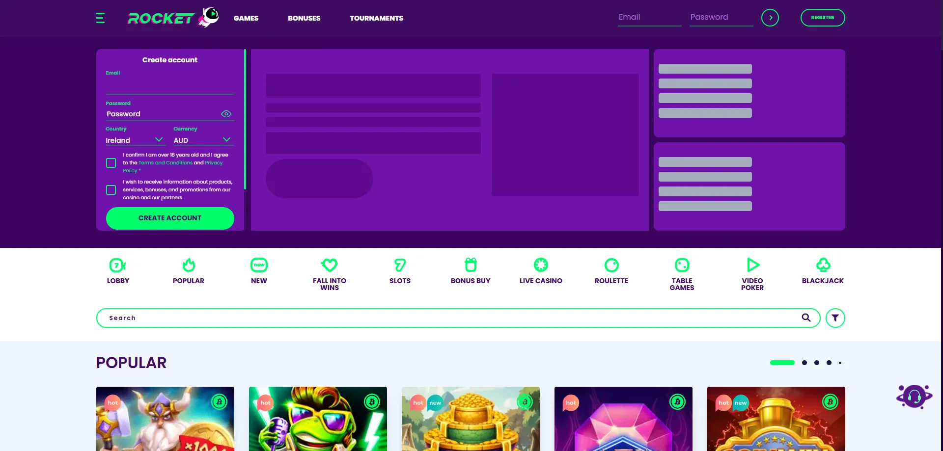 Casino Rocket account login page for Australian players